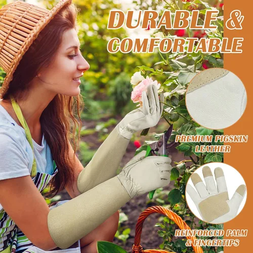 Vista 2 de HANDLANDY Guantes de poda largos para hombres y mujeres, de piel de cerdo, guantes de jardinería de rosas, guantes transpirables y duraderos