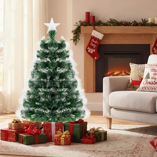 Vista 2 de BECOMFORT Árbol de Navidad de fibra óptica preiluminado de 3 pies, árbol de Navidad artificial con luces multicolor de brillo lento, estrella
