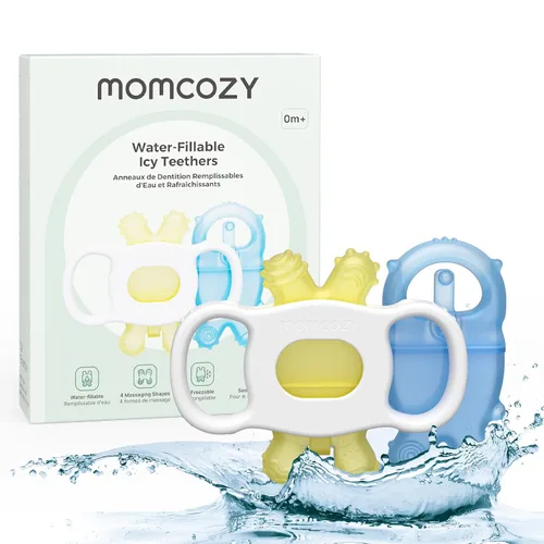 Vista 9 de Momcozy Juguetes mordedores para bebés, juguetes de dentición de silicona rellenables con agua fría para bebés, mordedor frío, mordedores de agua