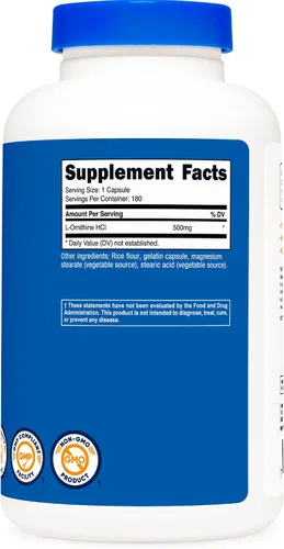 Vista 5 de Nutricost L-Ornitina 500mg; 180 Cápsulas (2 Botellas)