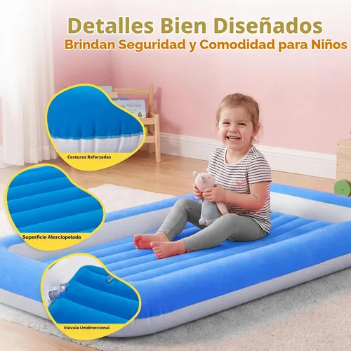 Vista 4 de Cama de aire para niños, colchón inflable para viaje de bebé con laterales, azul