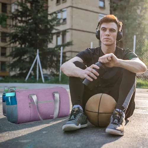 Vista 7 de Bolsa de gimnasio deportiva con bolsillo húmedo y compartimento para zapatos, bolsa de entrenamiento para hombres y mujeres, 4-Morado