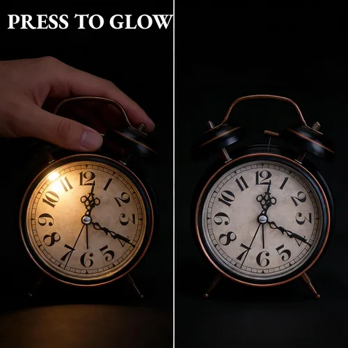 Vista 4 de AUNMAS Reloj despertador vintage, alarma de campana doble con esfera luminosa brillante, gestión de tiempo de noche retro para adultos con sueño