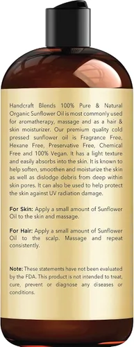 Vista 2 de Handcraft Blends Aceite de girasol orgánico USDA – prensado en frío de 16 onzas líquidas – 100% puro y natural – Aceite portador de grado premium
