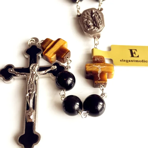 Vista 5 de elegantmedical Hecho a mano católico negro 0.394 in oro obsidiana cuentas Lourdes medalla de agua rosario cruz collar caja para hombre mujer regalo