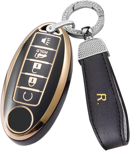Vista 7 de ontto Protector de llavero de automóvil de 5 botones con llavero de TPU suave, borde dorado, guante para llaves Infiniti JX35 Q50 Q60 QX56 QX60 QX80