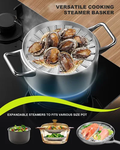 Vista 9 de Cesta vaporera de verduras de 2 capas para olla, canasta de vapor de acero inoxidable de alta calidad, canasta separable de acero inoxidable