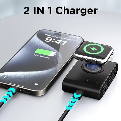 Vista 3 de Paquete de 2 llaveros portátiles inalámbricos magnéticos para iWatch, mini banco de energía de 2000 mAh, cargador de reloj inteligente de viaje
