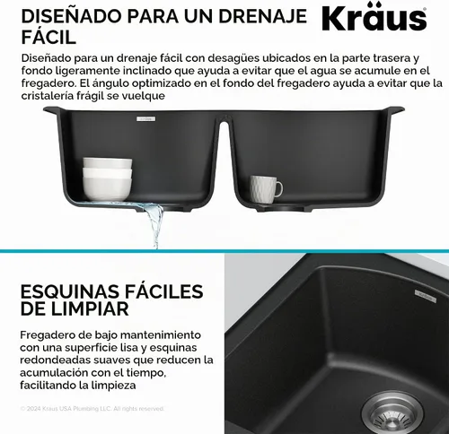 Vista 10 de Kraus Forteza - Fregadero de cocina de doble seno 50/50 de granito de instalación empotrada/sobre encimera, 33 pulgadas, color negro (KGD-52BLACK)