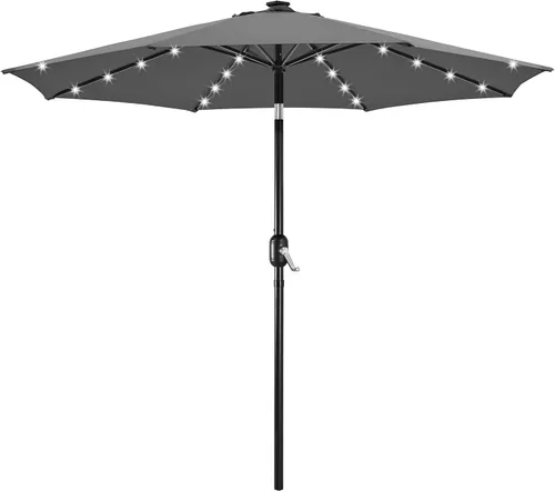 Vista 14 de Yaheetech - Sombrilla solar de patio de 9 pies, sombrilla de mesa con 32 luces LED, 8 varillas/inclinación y sistema de elevación con manivela