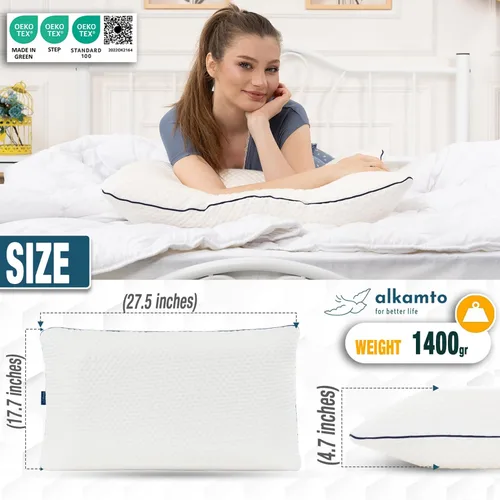 Vista 4 de alkamto Almohada de espuma viscoelástica de 27.5 x 18 pulgadas, almohada ergonómica de apoyo para el cuello, certificada Oeko-Tex, funda