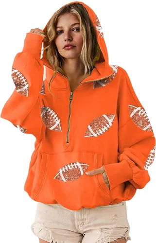 Vista 11 de SeekMe Sudaderas con capucha de lentejuelas para mujer, para el día del partido, suéteres de manga larga con cremallera y bolsillo