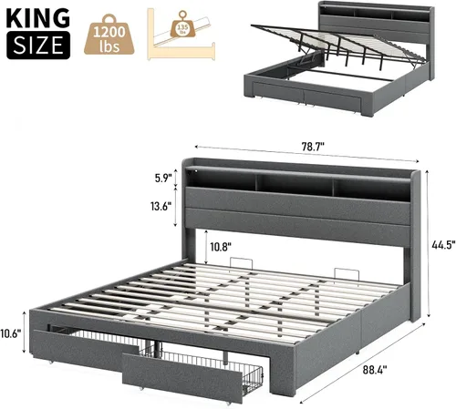 Vista 2 de Cama de almacenamiento elevable, cabecera de almacenamiento iluminada RGB con estación de carga, marco de cama King con 2 cajones, soporte
