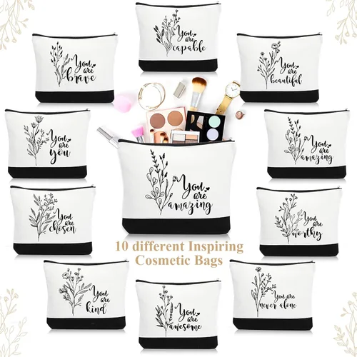 Vista 5 de Coume 10 Piezas Bolsas de Maquillaje de Lona de Flores Bohemias al Por Mayor, Bolsas de Cosméticos con Citas Inspiradoras Estéticas en Blanco
