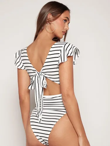 Vista 2 de SOLY HUX Women's Striped Butterfly Sleeve Tie Back Skinny Bodysuit