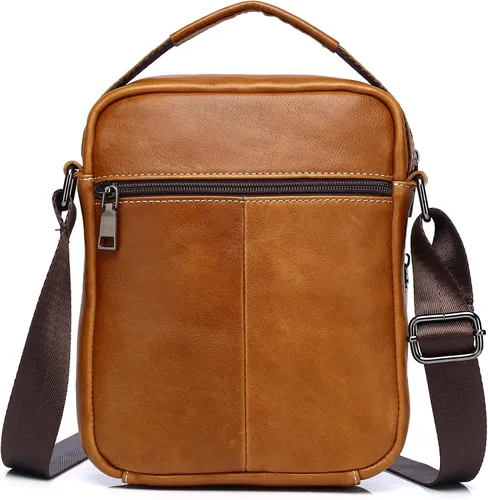 Vista 3 de LUKZIJAES Bolso de mensajero de cuero genuino para hombre, ligero, vintage, bandolera, pequeño, bolso casual para hombre