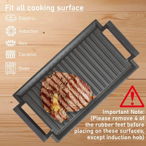 Vista 5 de Sartén para plancha, placa caliente de hierro fundido, parrilla rectangular, 2 asas con superficie acanalada para cocina eléctrica de inducción, 16