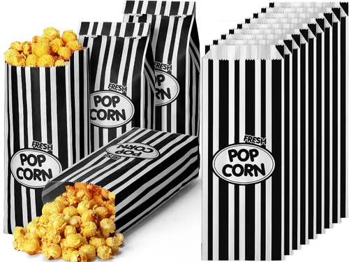 Vista 15 de Sherr 1000 Piezas Bolsas de Palomitas de Maíz de 1 Onza a Granel Negras con Rayas Retro Desechables para Noches de Película Navidad Circo Carnaval
