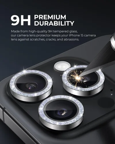 Vista 3 de UARMOR - Protector de lente de cámara para iPhone 15 Pro y 15 Pro Max 9H vidrio templado y anillo de aluminio, transparente HD, kit de fácil Brillo