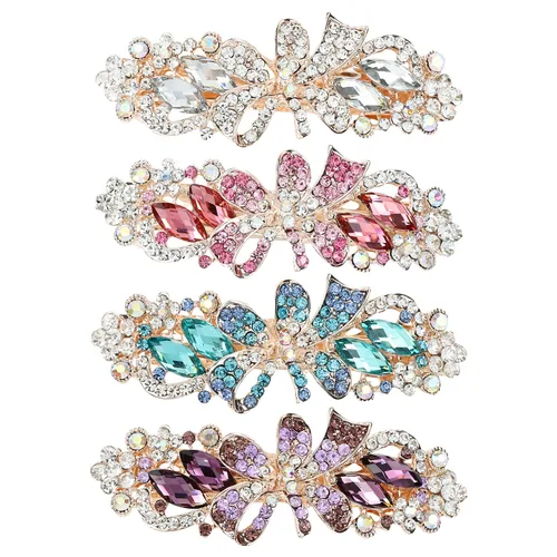Vista 9 de inSowni Paquete de 4 Pasadores de Cabello Franceses de Metal de Lujo con Purpurina Brillante, Gemas Enjoyadas, Cristales con Diamantes de Imitación