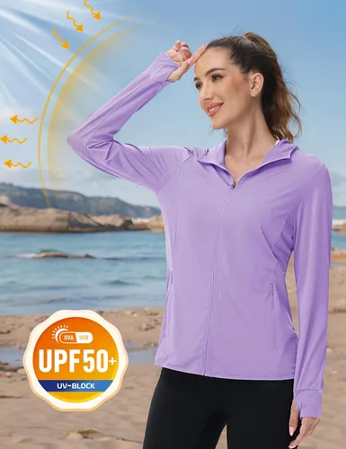 Vista 3 de TACVASEN Chaqueta ligera con capucha para mujer, con cremallera, UPF 50+, manga larga, con protección UV