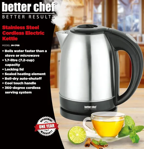 Vista 2 de Better Chef Hervidor eléctrico inalámbrico 7 tazas Acero inoxidable Base giratoria de 360 grados Apagado automático de ebullición en seco