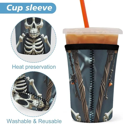 Vista 3 de Skull Reusable Insulated Neoprene Iced Coffee Cup Sleeves 3 Sizes Diving Material Cup Durable Beverage Covers for Cold Coffee Tea Drinks