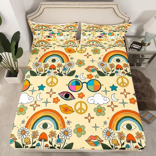 Vista 18 de Juego de sábanas ajustadas estilo 70s hippie retro para cama individual, juego vintage de otoño con hojas florales para niños y niños, juego de ropa