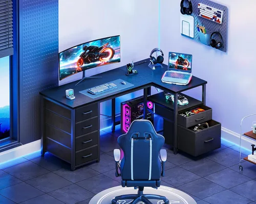 Vista 2 de Coleshome - Escritorio en forma de L para computadora con 6 cajones y toma de corriente, escritorio esquinero de 55 pulgadas con estante