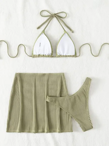 Vista 3 de SweatyRocks Conjunto de traje de baño de 3 piezas de bikini a rayas de cebra y falda de playa para mujer