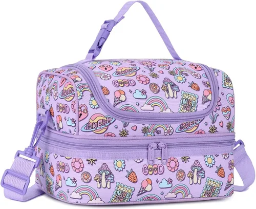 Vista 17 de VASCHY - Lonchera para niños, bolsas de almuerzo aisladas de dos compartimentos para niños y niñas con correa para el hombro para la escuela