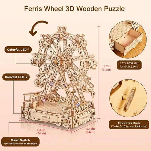 Vista 4 de Rompecabezas de madera 3D para adultos con música, kit de construcción de modelo de rueda de fortuna, pasatiempos de modelo de madera