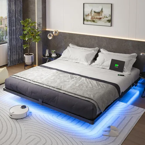 Vista 9 de Liians Marco de cama flotante moderno de tamaño completo con luces LED inteligentes, estación de carga USB, plataforma de metal resistente,