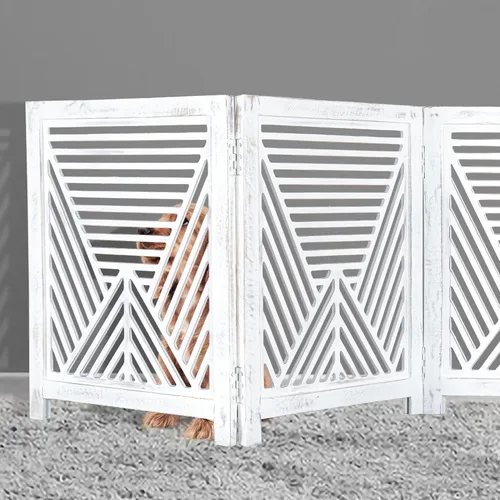Vista 4 de Lightnpro Valla de madera geométrica para mascotas - Puerta de seguridad plegable independiente para perros, cachorros y mascotas pequeñas, valla