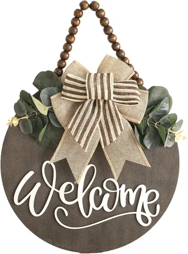 Vista 9 de Cartel de Bienvenida para Puerta Delantera con Decoración de Corona para Todas las Estaciones Decoración de Porche Delantero Colgante Regalo