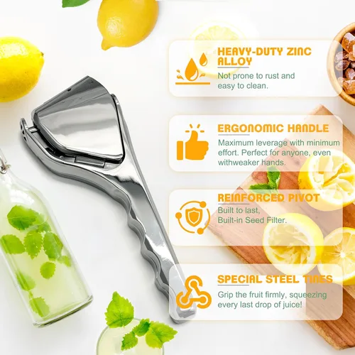 Vista 4 de Exprimidor de limón de metal resistente, exprimidor manual de cítricos para lima y naranjas pequeñas, revestimiento de esmalte resistente a