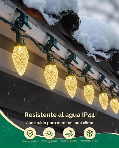 Vista 5 de Luces de Navidad C9 para exteriores con 110 clips de resorte, 110 luces LED C9 de 65 pies, impermeables, conectables para exteriores, techo, patio