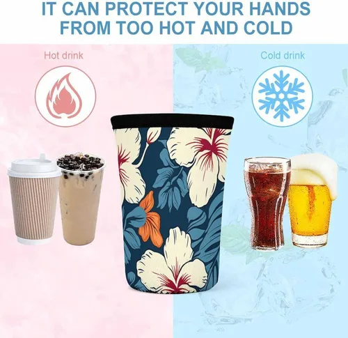 Vista 4 de Yellow Dragon Black Background Hawaii Flower Reusable Insulated Neoprene Iced Coffee Cup Sleeves 3 Sizes Diving Material Cup Durable Beverage Covers