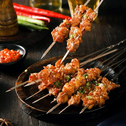 Vista 6 de Brochetas de metal para parrilla, paquete de 50 brochetas de 14.8 pulgadas, brochetas planas para barbacoa, juego de brochetas reutilizables