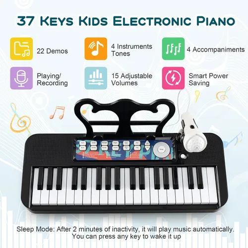 Vista 2 de Costzon Piano para niños, teclado de piano de juguete de 37 teclas con micrófono, taburete y soporte de música, piano electrónico portátil, juguete