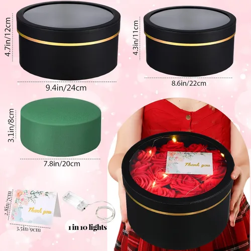 Vista 2 de Nuenen 2 cajas de regalo redondas con tapas, luz LED de espuma floral, tarjetas de felicitación florales, arreglos florales, suministros para San