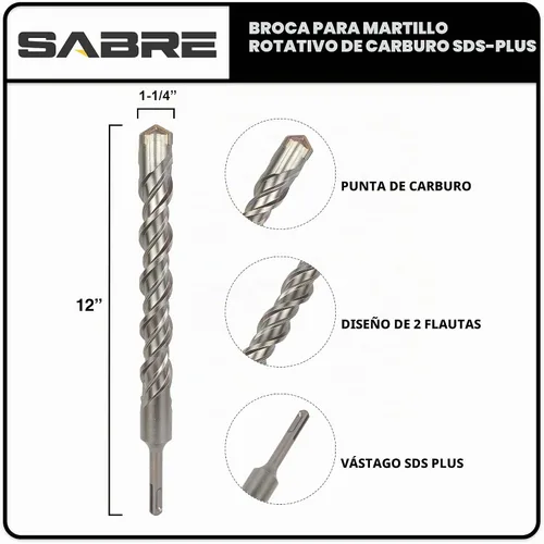 Vista 2 de Broca para martillo perforador rotativo SDS Plus de 1-1/4 pulgadas x 12 pulgadas, punta de carburo para ladrillo, piedra y hormigón, Versión 2