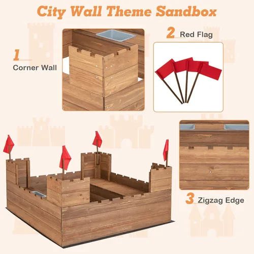Vista 5 de HONEY JOY Caja de arena para niños, pozo de arena sin fondo de cedro para patio trasero, 4 banderas rojas y forro inferior, banco lateral y 2 cajas