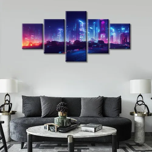 Vista 81 de Cuadros de 5 paneles de Cyberpunk City, arte de pared, representación de vallas publicitarias, edificios modernos en la capital con obras de arte