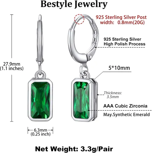 Vista 6 de Bestyle Aretes colgantes de plata de ley pequeños y delicados con piedra natal para mujeres y niñas con cristal rectangular de baguette y aro