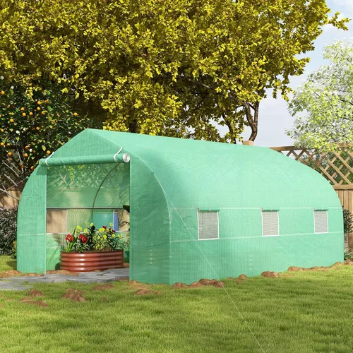 Vista 9 de Outsunny - Invernadero al aire libre de 11.5' x 10' x 6.5', diseño de túnel, con ventanas enrollables, puerta con cremallera, cubierta de PE Verde