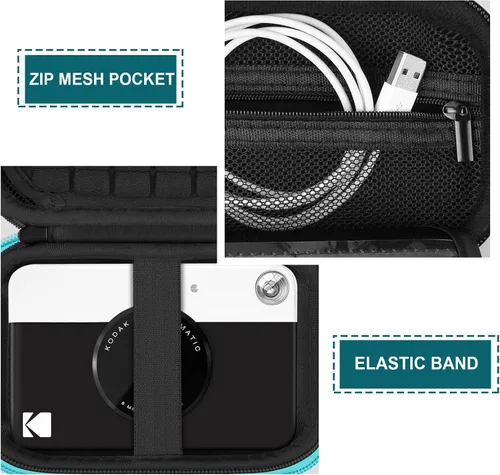 Vista 4 de Estuche rígido de viaje para cámara digital Kodak Printomatic a todo color, funda protectora con bolsillo de malla para cable USB, papel Negro