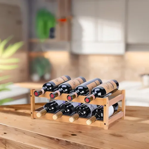 Vista 2 de Estante de vino de bambú - Estante de exhibición de encimera de 2 niveles para 8 botellas