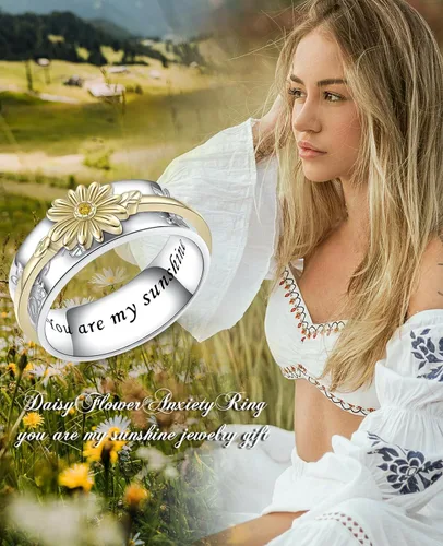Vista 9 de Anillo giratorio para aliviar la ansiedad con margaritas You Are My Sunshine Flower Fidget Ring de plata esterlina TDAH para aliviar el estrés