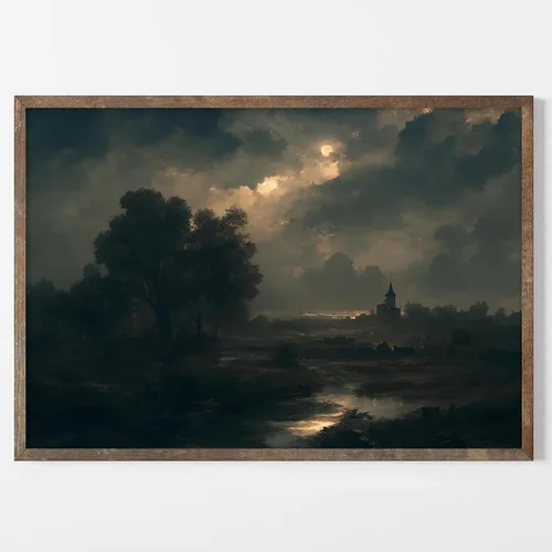 Vista 8 de Arte de pared de mar Moody, lienzo de noche y playa, pintura de paisaje de academia oscura, impresiones de mar vintage, paisaje marino Moody, arte